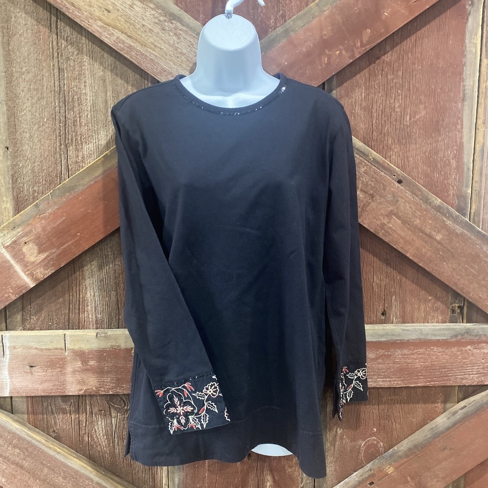 Karen Scott Sport Embroidered Floral Sequin Shirt Top Black Medium Resort Wear